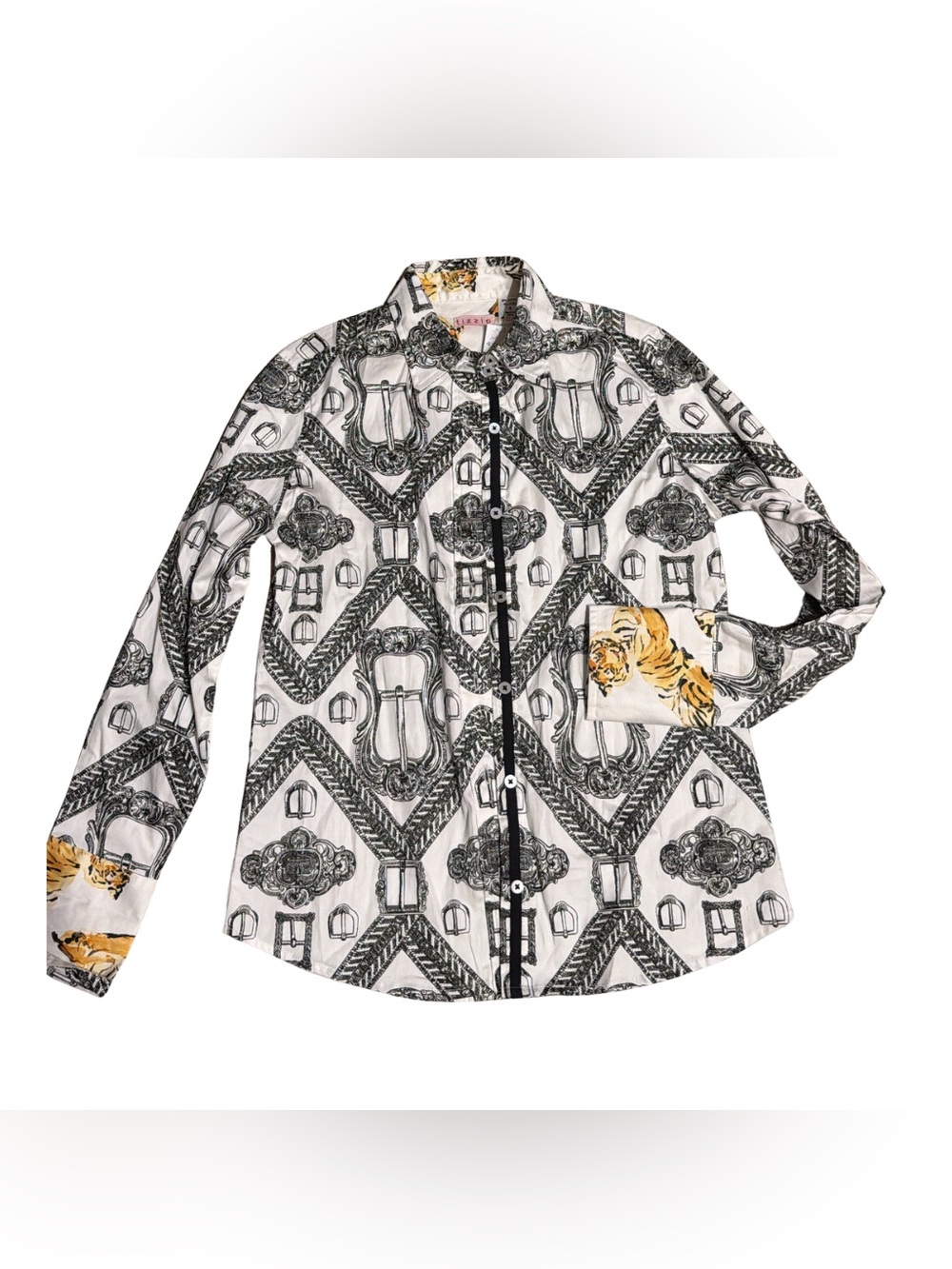 Tizzie Rome Black & White Buckle Print Button Down Shirt Size Small